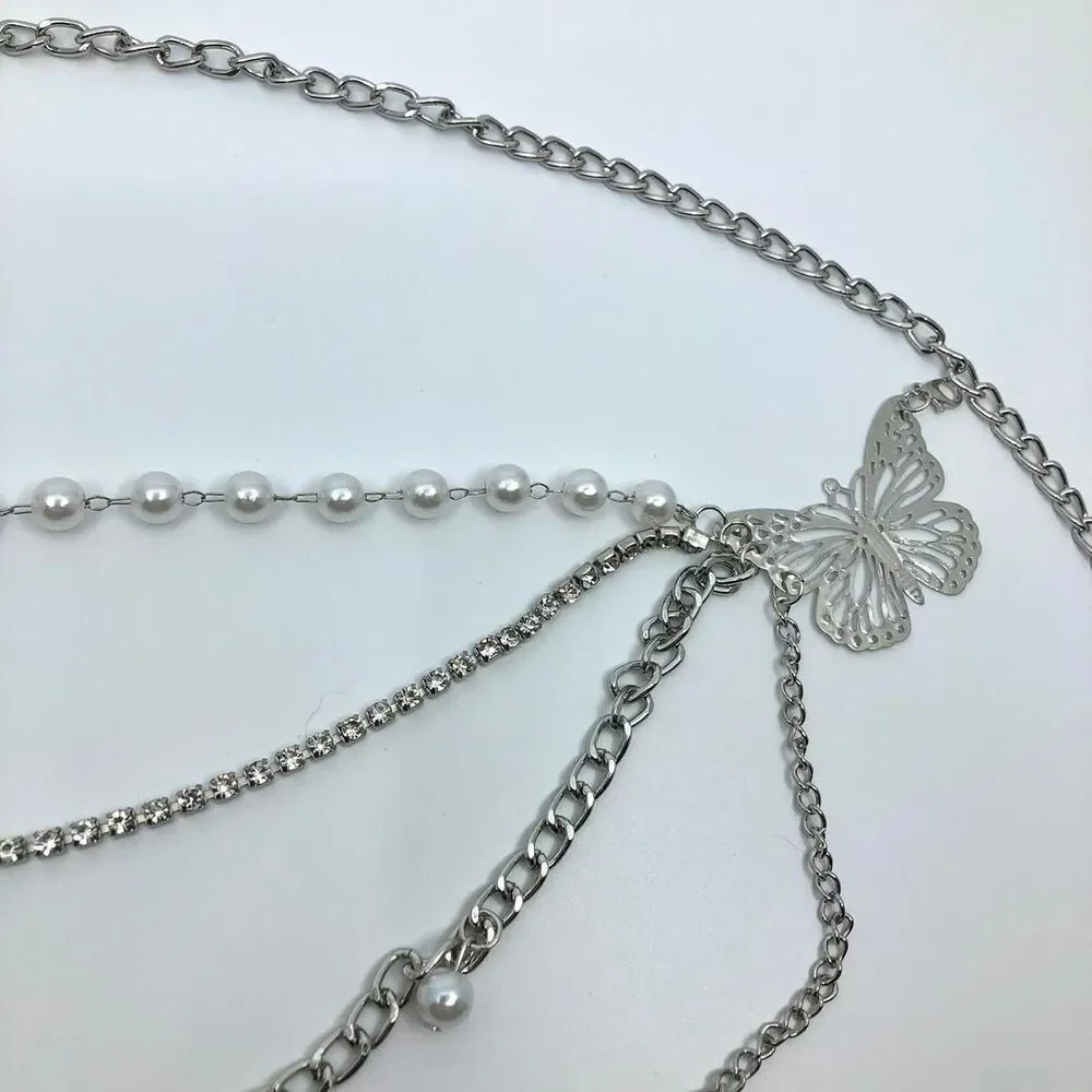 Women's Silver Butterfly Pearl Layered Chain Belt, 35 Inches, X7G9A1046